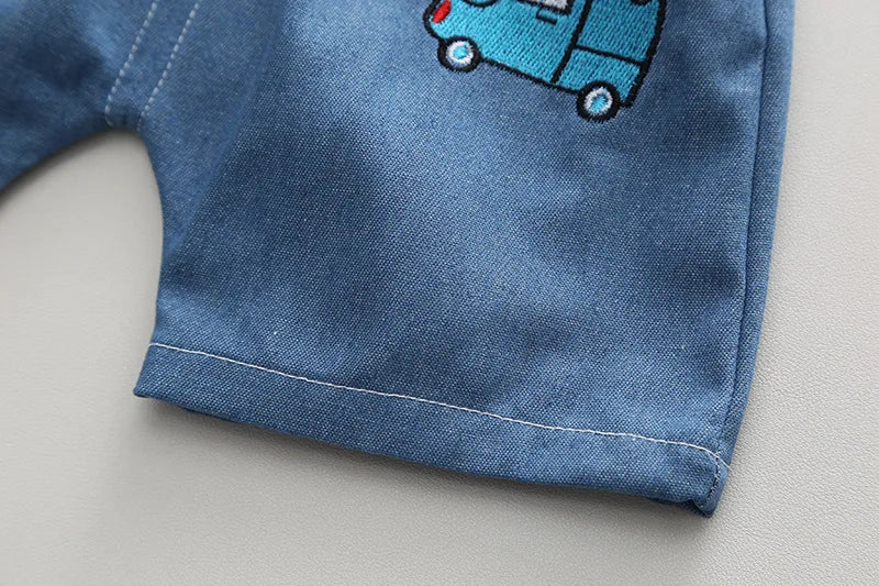 Kids Baby Boys/Girls Summer Clothes Kids Cartoon Car Cotton T-shirt Denim Shorts 2Pcs Suit Children's Wear Leisure sports Sets