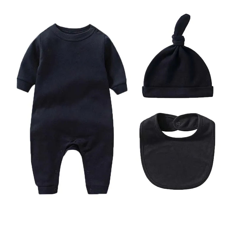 3Pcs Newborn Baby Sets Boy Girl Clothes 0-3 Months 100% Cotton Bodysuit Hat Bib Solid Color Long Sleeve Jumpsuits Infant Outfits