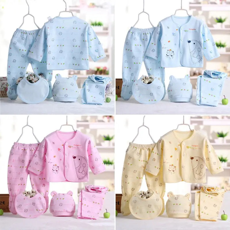 5pcs  Newborn Baby Suit Set Top 2 Pants Hat Bibs 0-3 M Clothing Set Boy Girl