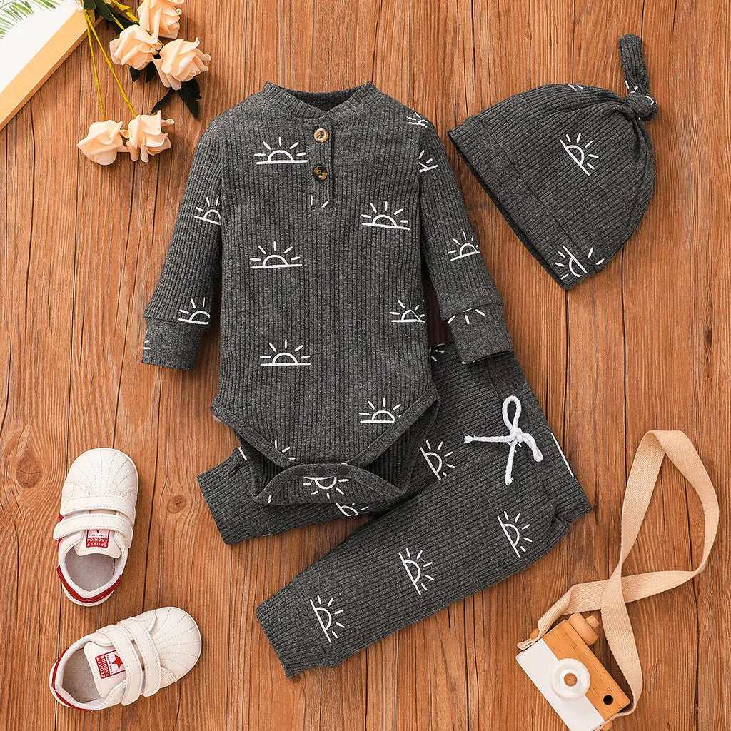 3 PCS Baby Boy Clothes Set Spring Autumn Knitted V-neck Romper+infant Pants+Cap Newborn Outfit