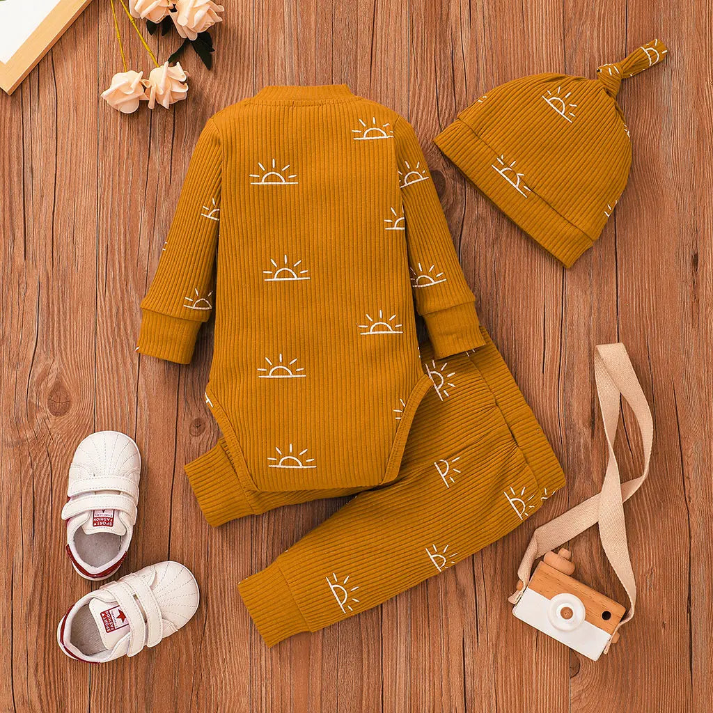 3 PCS Baby Boy Clothes Set Spring Autumn Knitted V-neck Romper+infant Pants+Cap Newborn Outfit