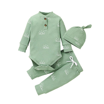 3 PCS Baby Boy Clothes Set Spring Autumn Knitted V-neck Romper+infant Pants+Cap Newborn Outfit
