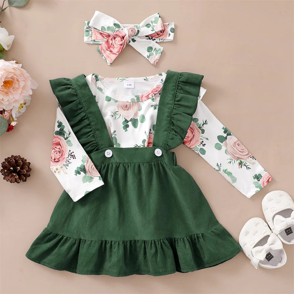 0-12Months Newborn Baby Girl 3PCS Clothes Set Floral Long Sleeve Fashion Spring & Autumn Daily Outfit