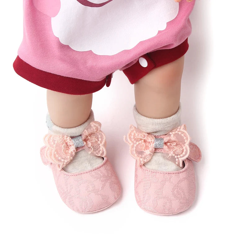 Baby Soft Cotton Shoes Beautiful Lace Bowknot Mary Jane 6 to 12 Month Baby Girl Prewalking Shoes High Quality Soft and Anti-slip