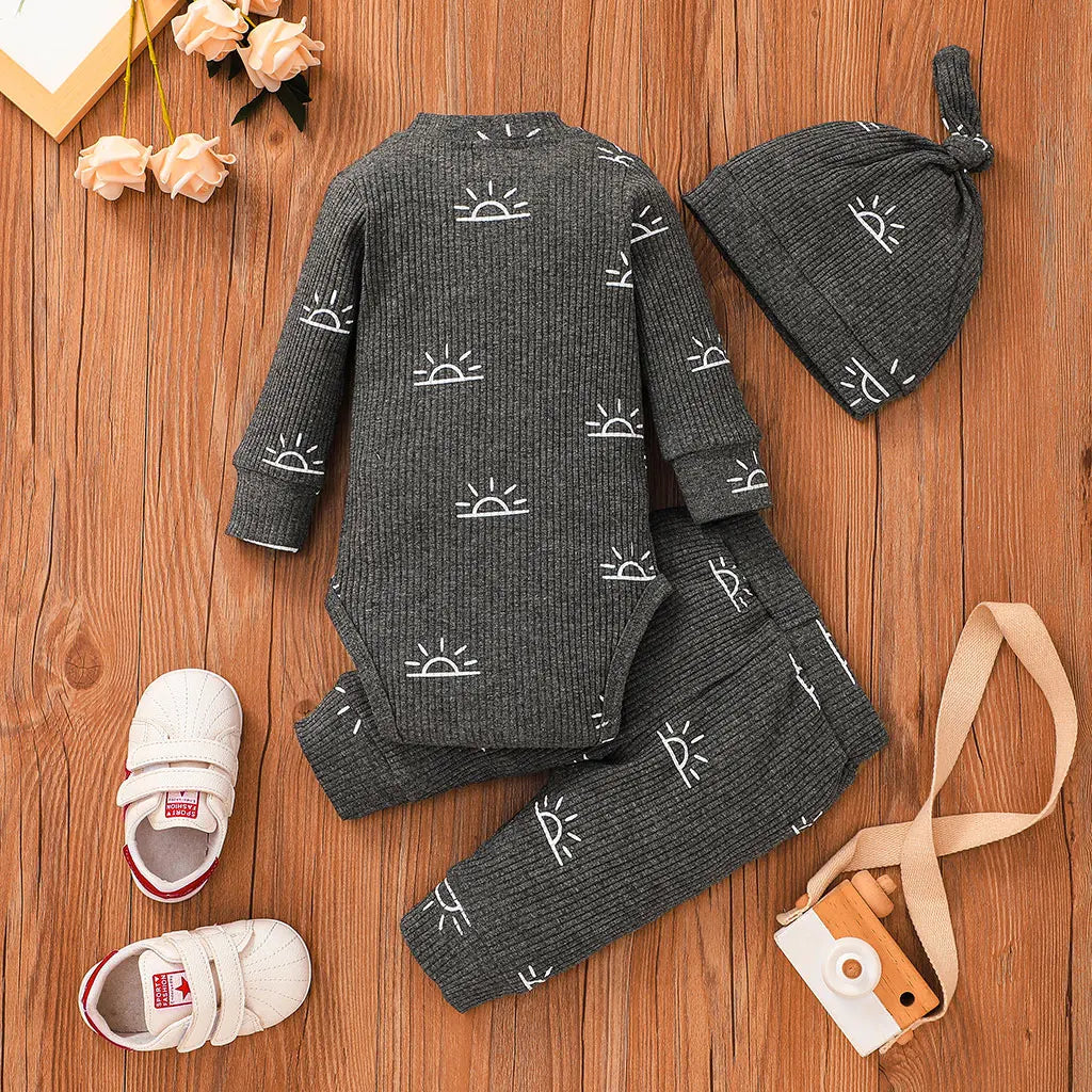 3 PCS Baby Boy Clothes Set Spring Autumn Knitted V-neck Romper+infant Pants+Cap Newborn Outfit