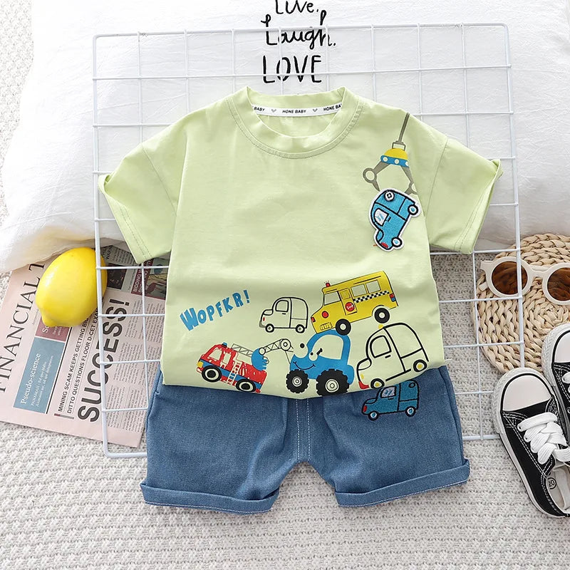 Kids Baby Boys/Girls Summer Clothes Kids Cartoon Car Cotton T-shirt Denim Shorts 2Pcs Suit Children's Wear Leisure sports Sets