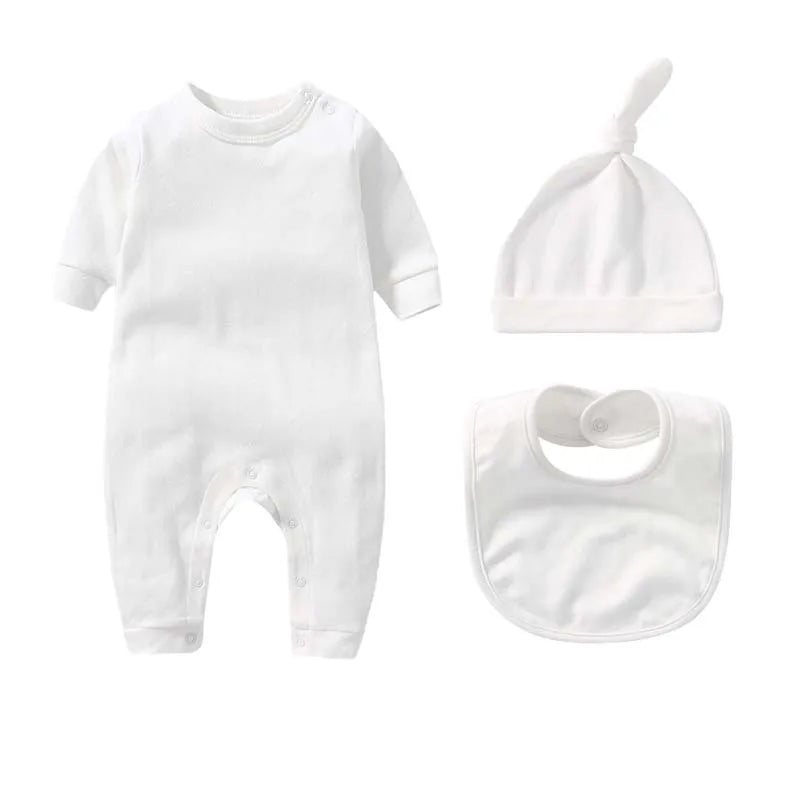 3Pcs Newborn Baby Sets Boy Girl Clothes 0-3 Months 100% Cotton Bodysuit Hat Bib Solid Color Long Sleeve Jumpsuits Infant Outfits