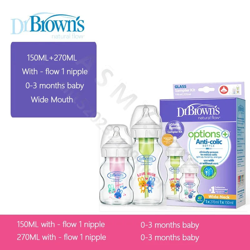 Dr. Brown's newborn glass baby bottle, wide diameter, anti-colic, gas-liquid separation 150ML + 270ML