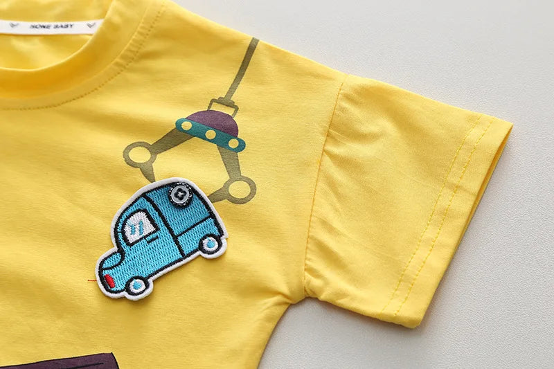 Kids Baby Boys/Girls Summer Clothes Kids Cartoon Car Cotton T-shirt Denim Shorts 2Pcs Suit Children's Wear Leisure sports Sets