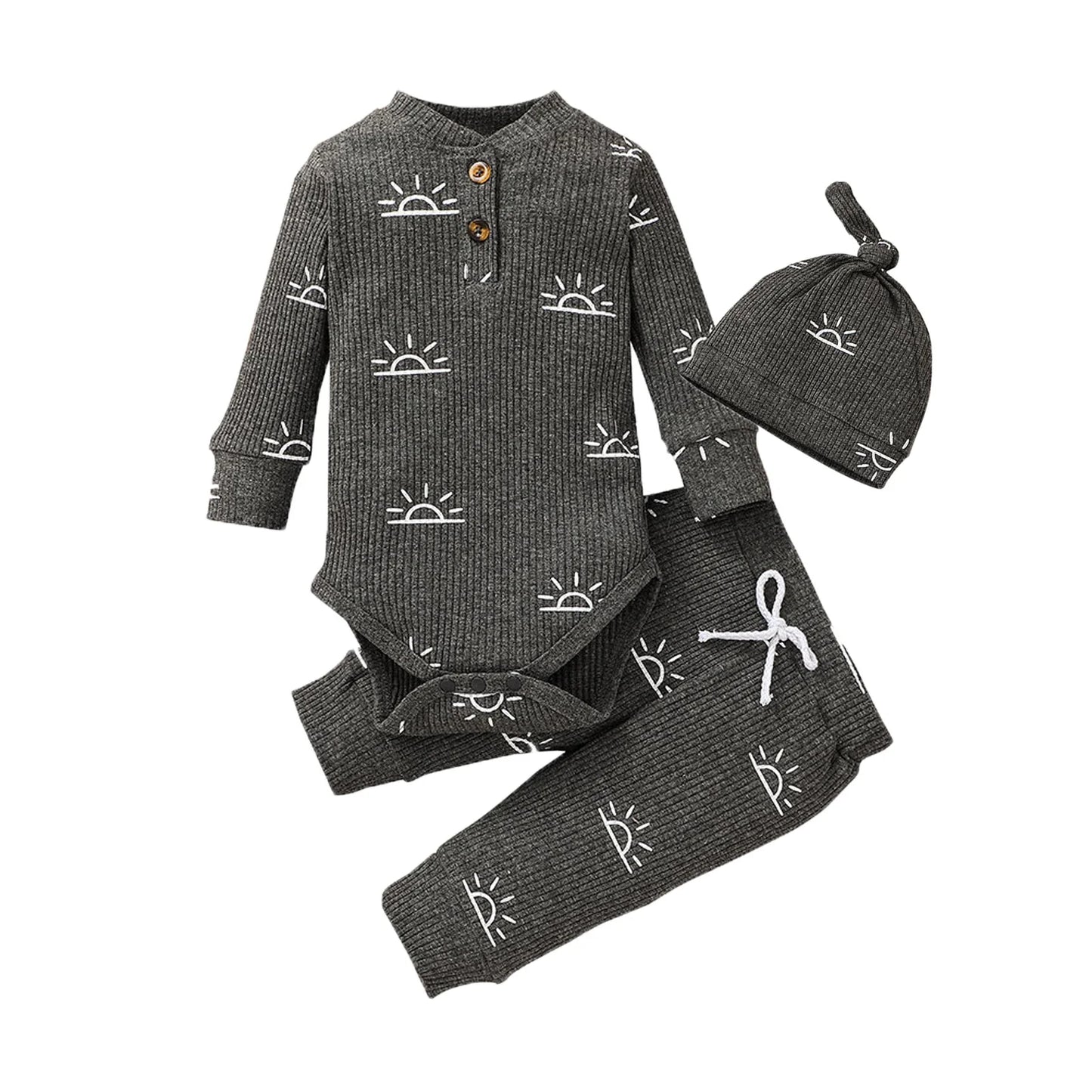 3 PCS Baby Boy Clothes Set Spring Autumn Knitted V-neck Romper+infant Pants+Cap Newborn Outfit