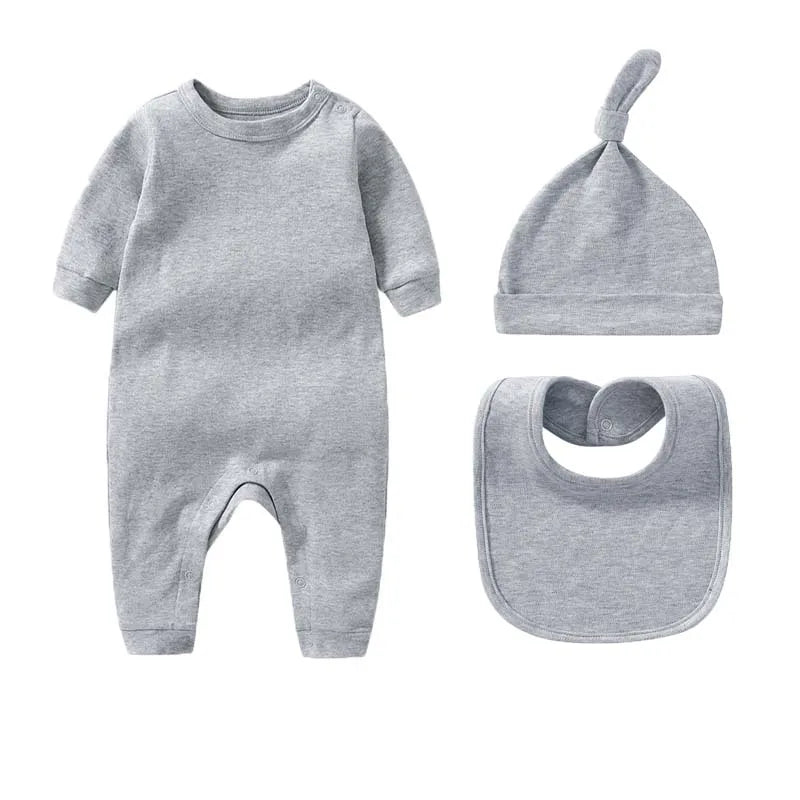 3Pcs Newborn Baby Sets Boy Girl Clothes 0-3 Months 100% Cotton Bodysuit Hat Bib Solid Color Long Sleeve Jumpsuits Infant Outfits