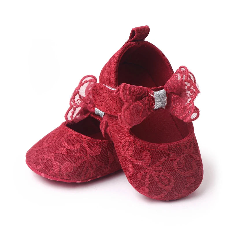 Baby Soft Cotton Shoes Beautiful Lace Bowknot Mary Jane 6 to 12 Month Baby Girl Prewalking Shoes High Quality Soft and Anti-slip