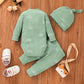 3 PCS Baby Boy Clothes Set Spring Autumn Knitted V-neck Romper+infant Pants+Cap Newborn Outfit