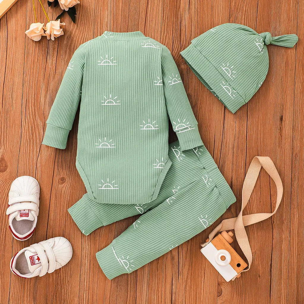 3 PCS Baby Boy Clothes Set Spring Autumn Knitted V-neck Romper+infant Pants+Cap Newborn Outfit