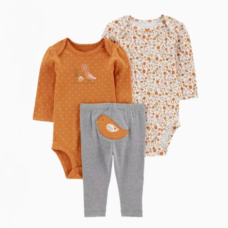 3PCS Baby Clothing Set Autumn Newborn Baby Girl Pure Cotton Clothes Set Soft Cute Animal Kids Bodysuits+Pants+Romper Bebe 6-24M