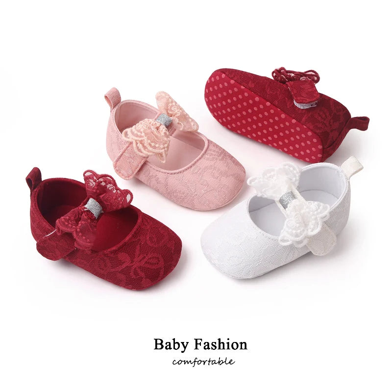 Baby Soft Cotton Shoes Beautiful Lace Bowknot Mary Jane 6 to 12 Month Baby Girl Prewalking Shoes High Quality Soft and Anti-slip