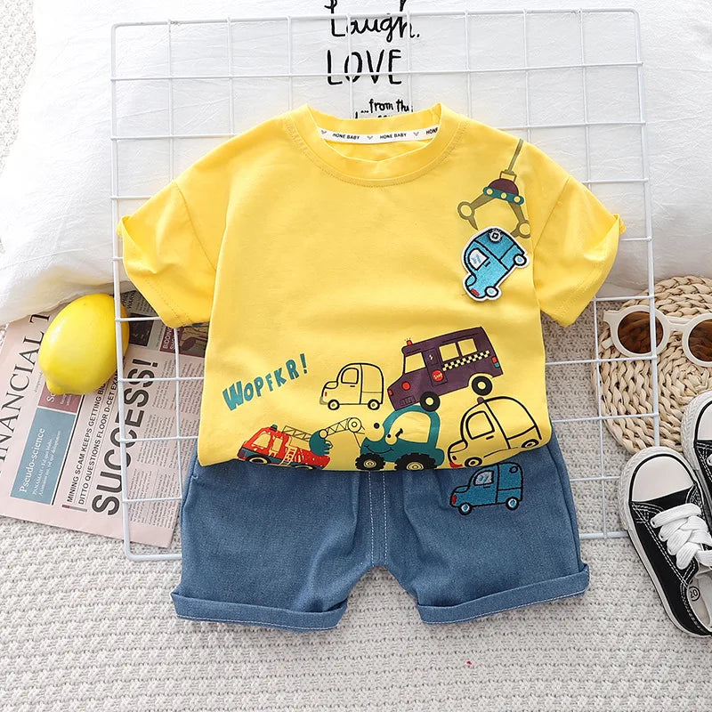 Kids Baby Boys/Girls Summer Clothes Kids Cartoon Car Cotton T-shirt Denim Shorts 2Pcs Suit Children's Wear Leisure sports Sets