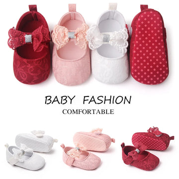 Baby Soft Cotton Shoes Beautiful Lace Bowknot Mary Jane 6 to 12 Month Baby Girl Prewalking Shoes High Quality Soft and Anti-slip