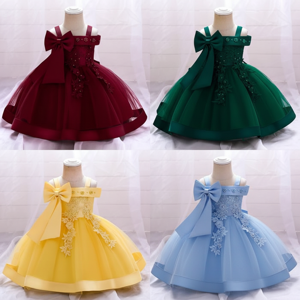 Elegant baby girl party dress with oversized bow and princess silhouette in multiple colors on white background
