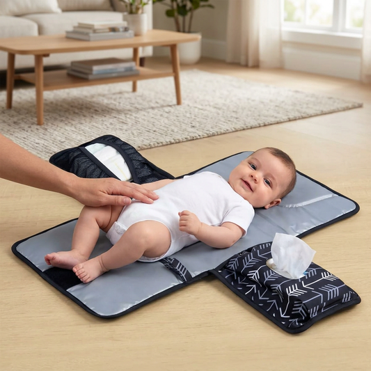AI-generated lifestyle illustration of a baby on an unfolded changing pad
